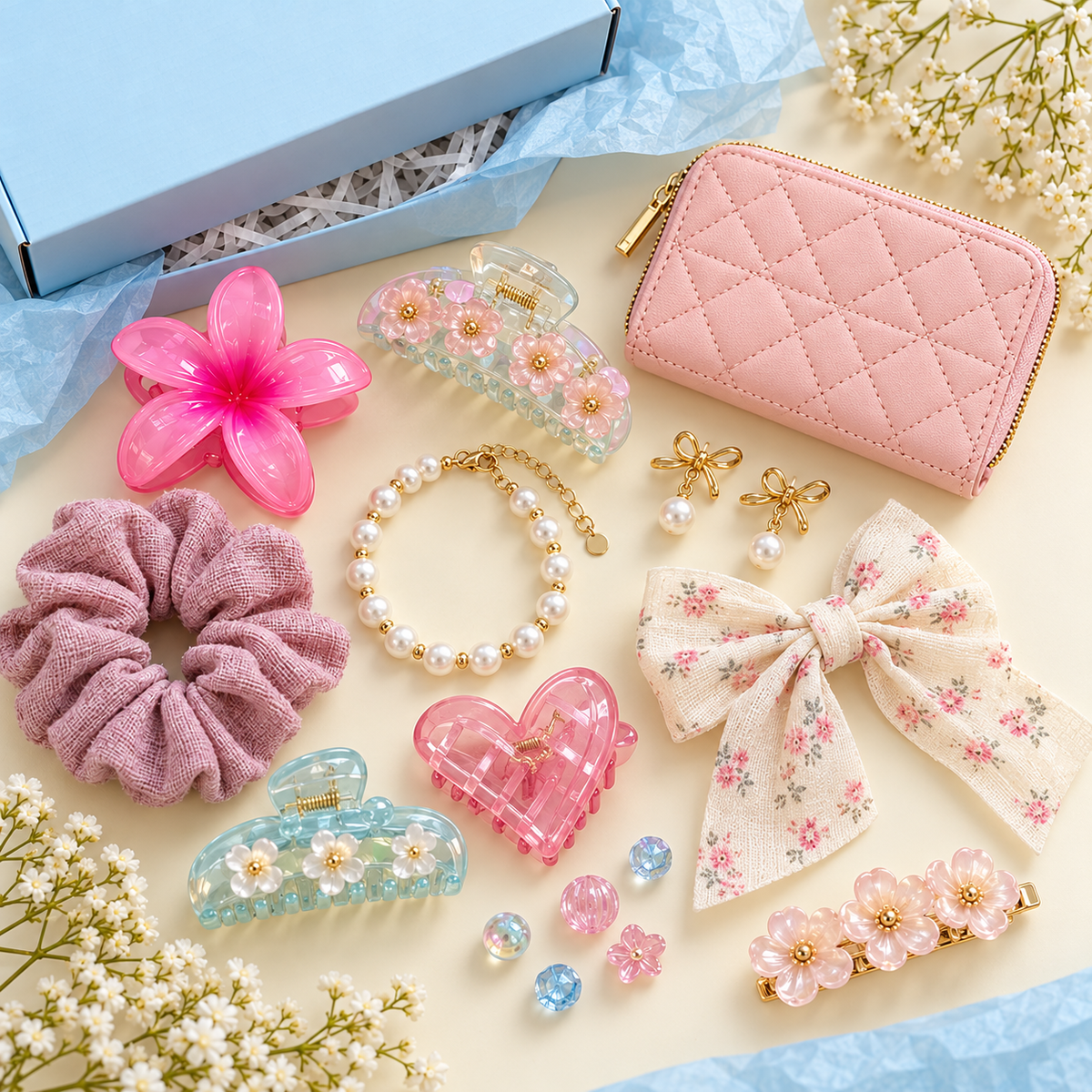 Illustrative Lucky Scoop styling example with jewelry and small accessories; exact contents vary by order.