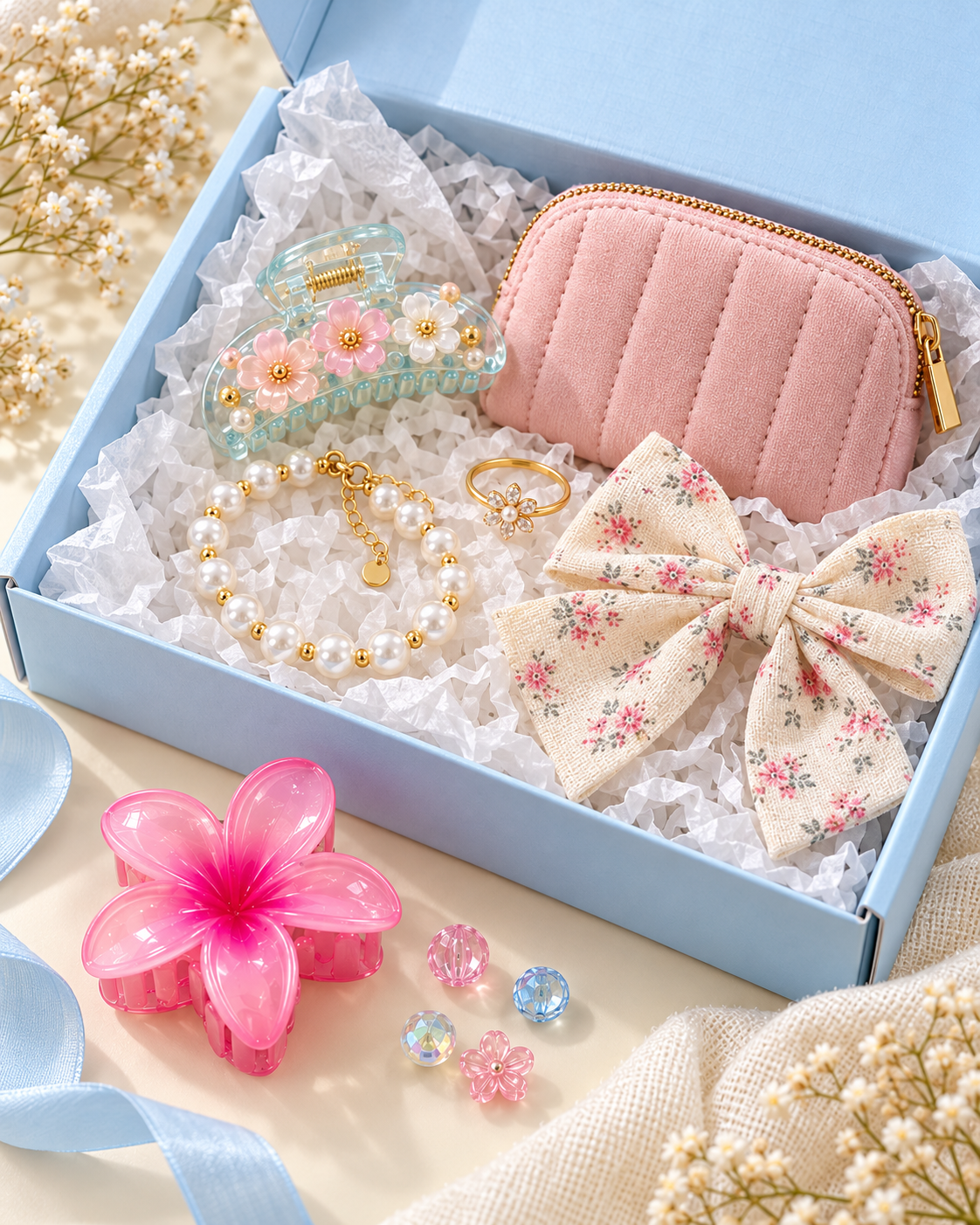 Illustrative gift-ready Lucky Scoop arrangement; individual items and colors vary by order.