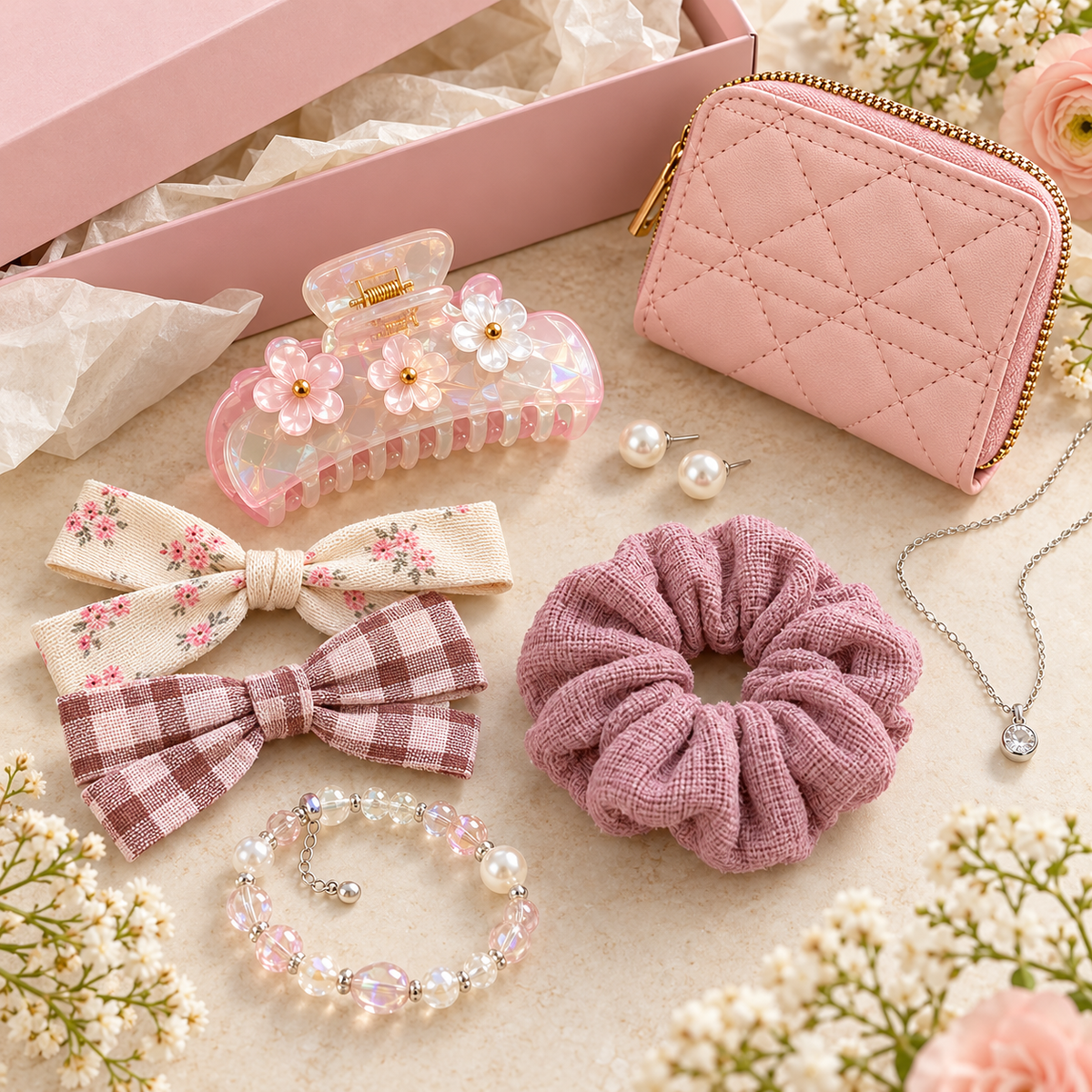 Illustrative blush gift-box styling with jewelry and accessories; actual Lucky Scoop contents vary.